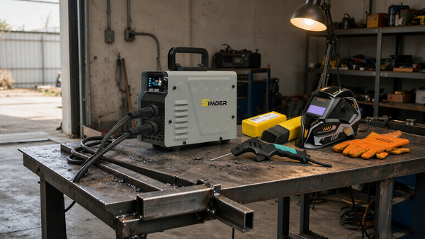 Simder ARC-200S stick welder - compact inverter machine on a home garage workbench with electrode holder and rods