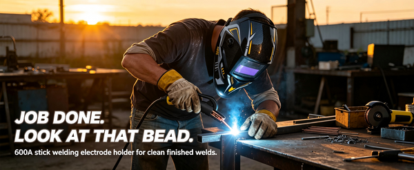Welder finishing a clean stick weld bead on a steel beam at sunset with a 600A electrode holder