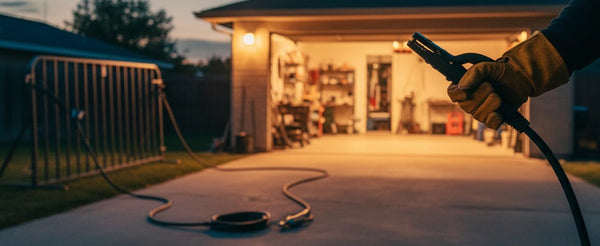 Welder holding an 800A electrode holder at a garage door in the evening with leads on the driveway