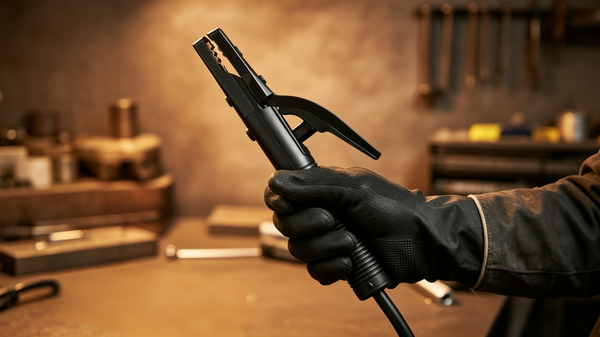 A close-up of a person's gloved hand holding a black welding torch in a workshop setting with warm, dim lighting and blurred tools in the background.