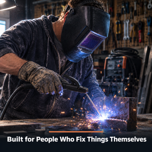 A person wearing a dark welding helmet, work gloves, and a dark hoodie is actively welding metal in a workshop, with bright sparks flying. A text overlay at the bottom reads, 'Built for People Who Fix Things Themselves'.