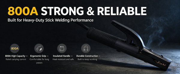 A black stick welding torch shown on a dark studio background with smoke, under the headline '800A STRONG & RELIABLE' and supporting text about heavy-duty stick welding performance. Four feature callouts appear along the bottom: 800A high capacity, ergonomic grip, insulated handle, and durable construction.