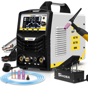 SSimder TIG-250AC packed with torch, consumables and a carry bag